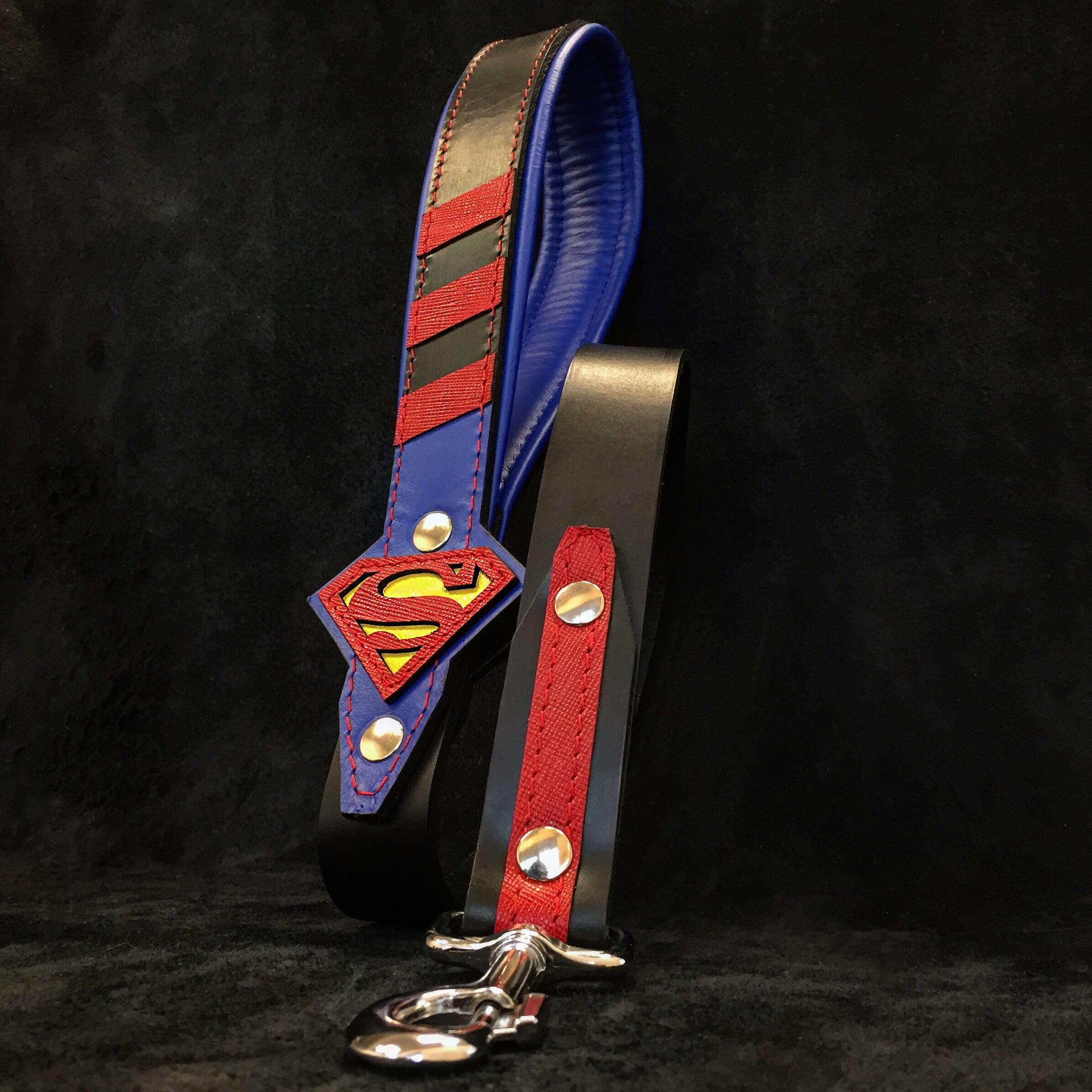 Superman Inspired Leather Dog Leash - 100% Genuine Leather, Heavy Duty Clasp - 100cm