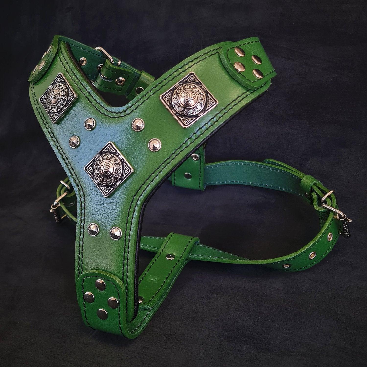 Luxury Eros Dog Harness - 4mm Belt Leather with Pigskin Padding - Green