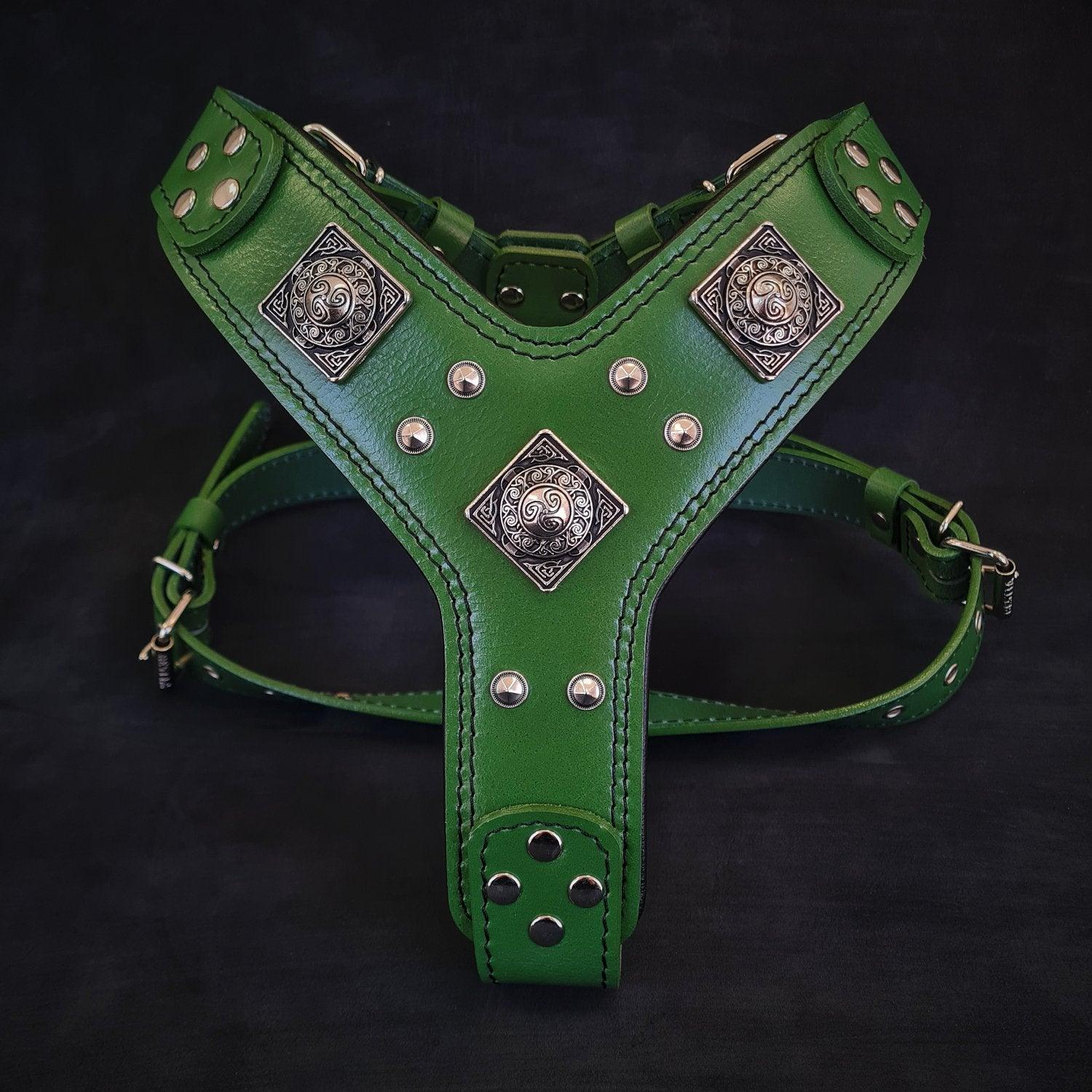 Luxury Eros Dog Harness - 4mm Belt Leather with Pigskin Padding - Green